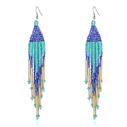 Blaue Reisperlen-Ohrringe Für Damen – Modisches Langes Röhren-Design,Boho-Vintage-Palast-Perlen,Farbblock-Anhänger,Lang,Exquisit,Handgefertigt,Geflochten,Sommer-Strand-Party-Schmuck,Geschenk,Blau, von TDNEKMCA