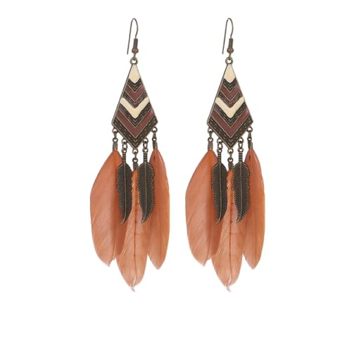 Feder-Orange-Ohrhänger für Frauen – böhmische ethnische Vintage-Blätter, Emaille, lange Quasten-Ohrringe für Frauen, Boho-Sommerschmuck für Frauen, Orange, Einheitsgröße von TDNEKMCA