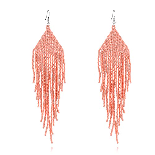 Orangefarbene Reisperlen-Ohrringe Für Damen – Modisches Dreieckiges Quasten-Design,Boho-Vintage-Palast-Perlen,Lang,Exquisit,Handgefertigt,Sommer,Strand,Party,Schmuck,Geschenk,Orange,Einheitsgröße von TDNEKMCA