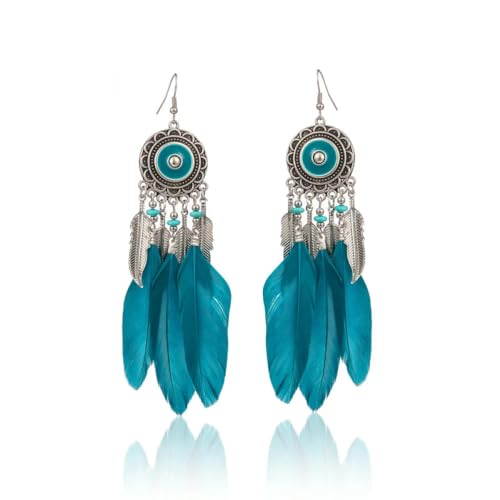 Pfauen-Ohrringe mit Federn für Damen – blaue Boho-Feder, baumelnder Pfauen-Statement-Ohrstecker, übertriebener Geburtstags-Feiertags-Schmuck, Geschenke, blau, Einheitsgröße von TDNEKMCA