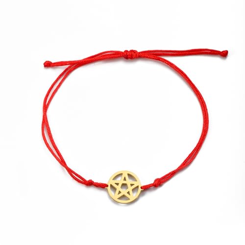 TEAMER Dreifach Mond Göttin Kette Armband Pentagramm Wachs Seil Armband Edelstahl Pentakel Pentagramm Wiccan Charme Hexe Schmuck für Frauen (Pentagramm - Wachsseil - Rot - Gold) von TEAMER