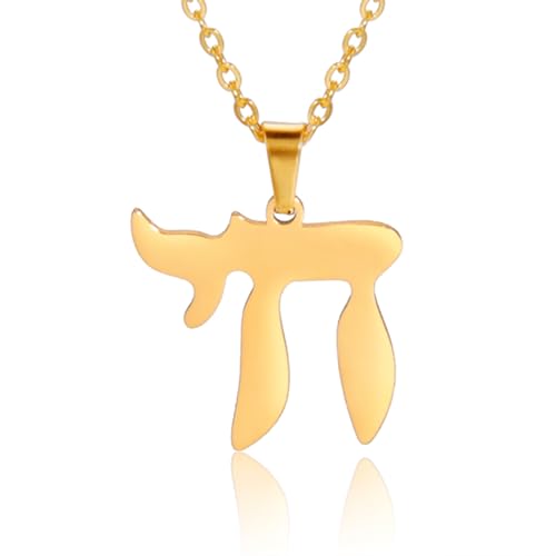 TEAMER Edelstahl Chai Symbol Halskette Davidstern Anhänger Hebräischer Segen Jüdisches Amulett Schmuck Für Frauen Männer (Chai-Symbol-Halskette - Gold) von TEAMER