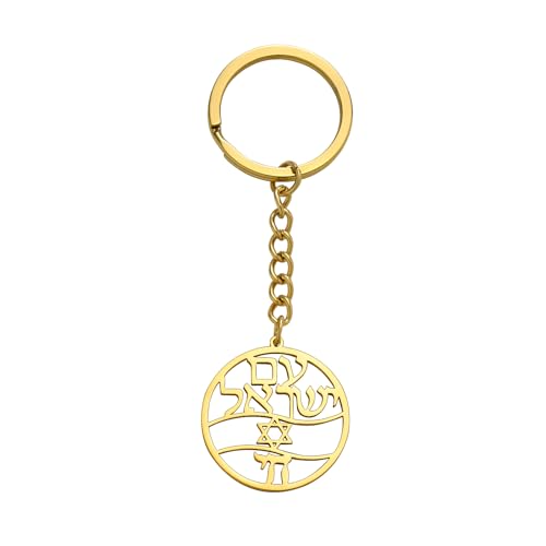 TEAMER Edelstahl Chai Symbol Halskette Davidstern Anhänger Hebräischer Segen Jüdisches Amulett Schmuck Für Frauen Männer (Chai-Symbol & Davidstern Schlüsselanhänger - Gold) von TEAMER