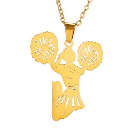 TEAMER Edelstahl Cheerleader Halskette 3D Zirkon Cheerleading Anhänger Kristall Cheer Coach Sport Schmuck für Frauen (Cheerleader - Gold) von TEAMER