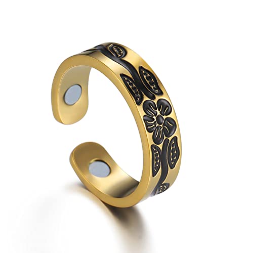 TEAMER Edelstahl Magnetischer Ring Verstellbare Blume Zwölf Sternbilder Ringe Vintage Schmuck Für Männer Frauen (Blume - Gold) von TEAMER