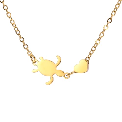 TEAMER Edelstahl Meeres Schildkröte Halskette Lucky Schildkröte Anhänger Niedlich Boho Sommer Strand Meer Tier Schildkröte Schmuck Für Frauen (Kleine Schildkröte & Herz-Halskette - Gold) von TEAMER