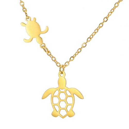 TEAMER Edelstahl Meeres Schildkröte Halskette Lucky Schildkröte Anhänger Niedlich Boho Sommer Strand Meer Tier Schildkröte Schmuck Für Frauen (Schildkröte & kleine Schildkröte Halskette - Gold) von TEAMER