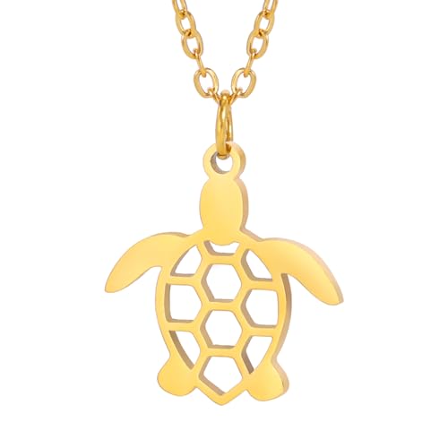 TEAMER Edelstahl Meeres Schildkröte Halskette Lucky Schildkröte Anhänger Niedlich Boho Sommer Strand Meer Tier Schildkröte Schmuck Für Frauen (Schildkröten-Halskette - Gold) von TEAMER