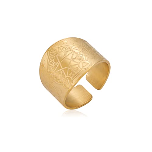 TEAMER Edelstahl Pentagramm Ring Dreifach-Mondgöttin Ring Lebensbaum Ring Wiccan Pagen Magisches Pentagramm Religionen Amulett Schmuck Für Männer Frauen (10, Pentagramm & Lebensbaum - Gold) von TEAMER