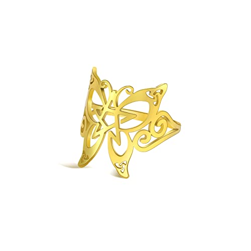 TEAMER Edelstahl Schmetterling Pentagramm Ring Keltischer Pentagramm Ring Wicca Pagan Amulett Schmuck für Frauen Männer (10, Stil 1 - Gold) von TEAMER