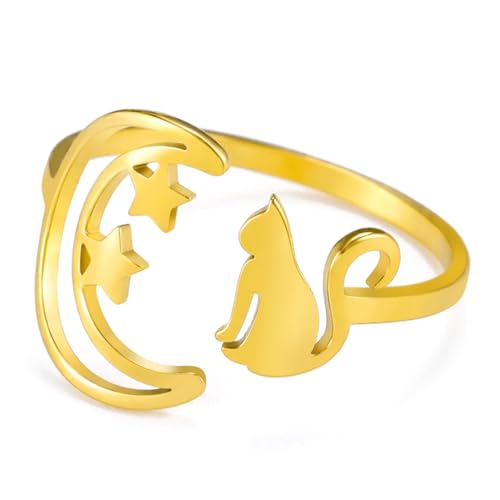 TEAMER Edelstahl niedlich Katze Ringe Mondsichel Stern Katze Ring Resizable Vollmond Katzen Ring Katzenliebhaber Schmuck für Frauen (Mondsichel-Sternkatze - Gold) von TEAMER