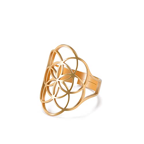 TEAMER Größenverstellbarer Erzengel Metatron Edelstahl-Ring, verstellbare Blume des Lebens, Schmuck für Frauen und Mädchen (Gold-Style A) von TEAMER