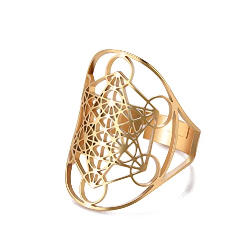 TEAMER Größenverstellbarer Erzengel Metatron Edelstahl-Ring, verstellbare Blume des Lebens, Schmuck für Frauen und Mädchen (Gold-Style F) von TEAMER