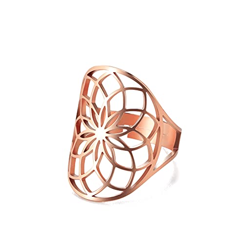 TEAMER Größenverstellbarer Erzengel Metatron Edelstahl-Ring, verstellbare Blume des Lebens, Schmuck für Frauen und Mädchen (Rose Gold-Style D) von TEAMER