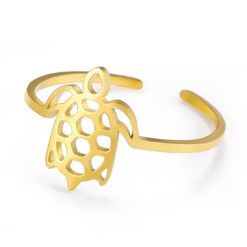 TEAMER Größenverstellbarer Schildkröten-Ring aus Edelstahl, glücklicher Meeresschildkröten-Ring, süßer Boho-Sommer-Strand-Meeresschildkröten-Liebhaber-Schmuck für Frauen (Schildkröte Ring - Gold) von TEAMER