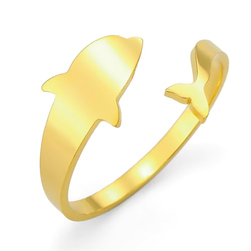 TEAMER Halskette Delfin Ring Edelstahl Niedlicher springender Delfin Anhänger Delfin Liebhaber Tier Boho Sommer Meer Schmuck Für Frauen Männer (Delfin Ring - Gold) von TEAMER