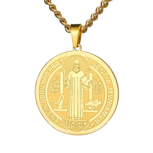 TEAMER Katholische Sankt Benedikt Siegel Halskette Edelstahl St. Benedikt Anhänger Jesus Kreuz Religiöses Amulett der Stärke Frieden Gebet Schmuck Für Männer Frauen (Sankt-Benedikt-Halskette - Gold) von TEAMER