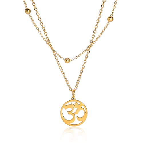 TEAMER OM Halskette Edelstahl Yoga Meditation spirituelle Harmonie Anhänger Aum Om Ohm Sanskrit Symbol Halskette Schmuck für Frauen Mädchen (OM Doppelkette-Gold) von TEAMER