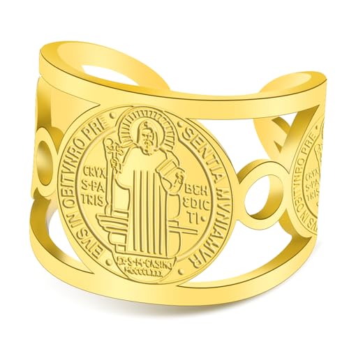 TEAMER Religiöser St. Benedikt Ring Ring aus Edelstahl St. Benedikt Ring katholisch christlich Glaube Böse Schutz Amulett Schmuck für Frauen (St. Benedikt Ring - Gold) von TEAMER