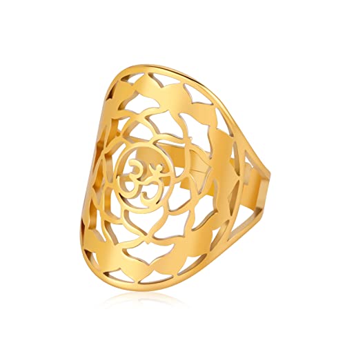 TEAMER Resizable Lotus Ring Edelstahl Semikolon Ring Yoga Meditation Om Symbol Ring Inspirierender Schmuck für Frauen Teenager Mädchen (Lotus 5-Gold) von TEAMER