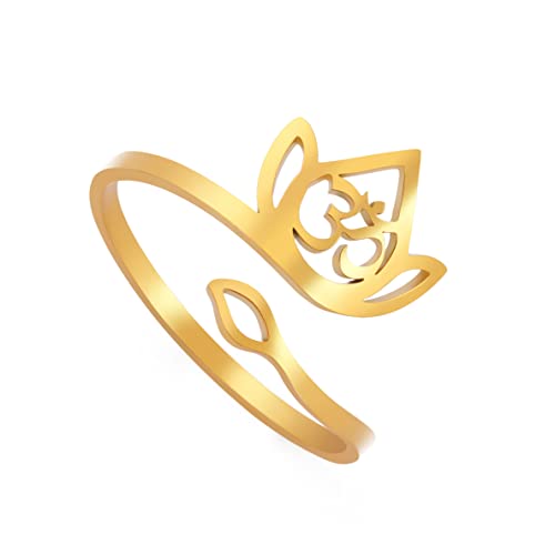 TEAMER Resizable Lotus Ring Edelstahl Semikolon Ring Yoga Meditation Om Symbol Ring Inspirierender Schmuck für Frauen Teenager Mädchen (Lotus und OM-Symbol-Gold) von TEAMER