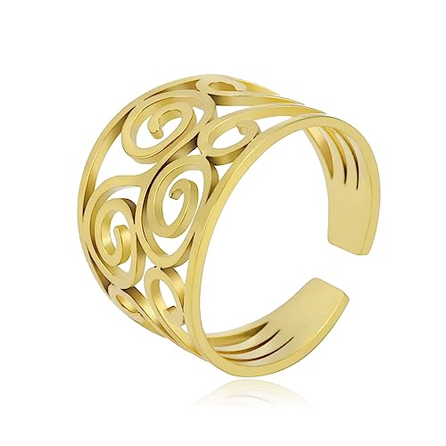 TEAMER Resizable Triskele Ring Edelstahl Heilige Geometrie Magisches Hexagramm Talisman Amulett Schmuck Für Frauen Mädchen (Triskele - Stil 3 - Gold) von TEAMER