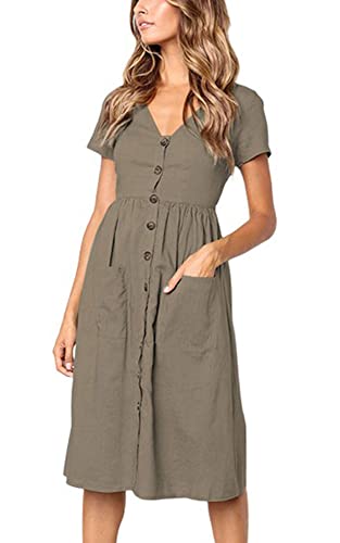 Damen Kleid Sommer Kurzarm V-Ausschnitt Tasten Dekoration Midi Kleider Elegant A-Linie Freizeitkleider mit Taschen Size M = EU 36-38 von TEDD