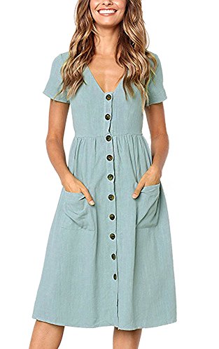 Damen Kleid Sommer Kurzarm V-Ausschnitt Tasten Dekoration Midi Kleider Elegant A-Linie Freizeitkleider mit Taschen Size S = EU 34-36 von TEDD