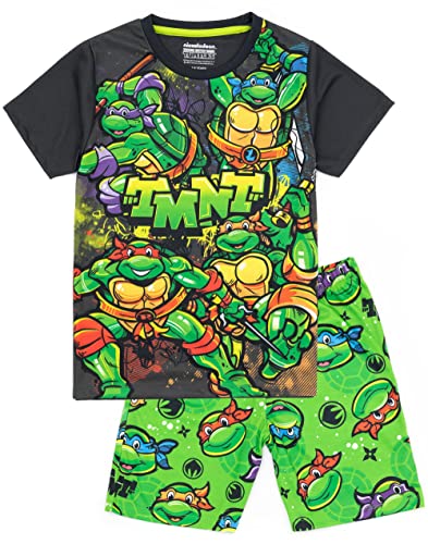 TEENAGE MUTANT NINJA Turtles Jungen Pyjamas | Leonardo Michelangelo Donatello Raphael Charaktere Schwarz Grün T-Shirt Shorts Nachtwäsche | TMNT Merchandise von TEENAGE MUTANT NINJA