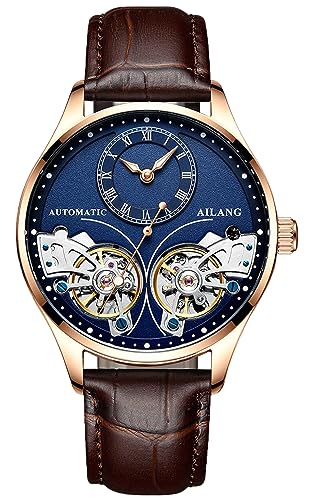 Herren Automatik Uhren Skelett Ailang Serie Lederband Männer Armbanduhr (Roségold Blau) von TEINTOP