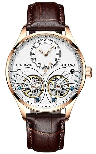 TEINTOP Herren Automatik Uhren Skelett Ailang Serie Lederband Männer Armbanduhr (Roségold Weiß) von TEINTOP