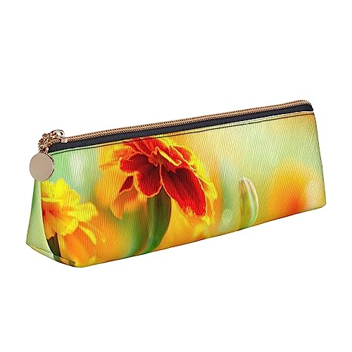 TEMKIN Ringelblume Blume Herbst Blumen Gedruckt Frauen Leder Bleistift Beutel, Große Kapazität Bleistift Fall Stift Tasche Mit Reißverschluss Für Büro von TEMKIN