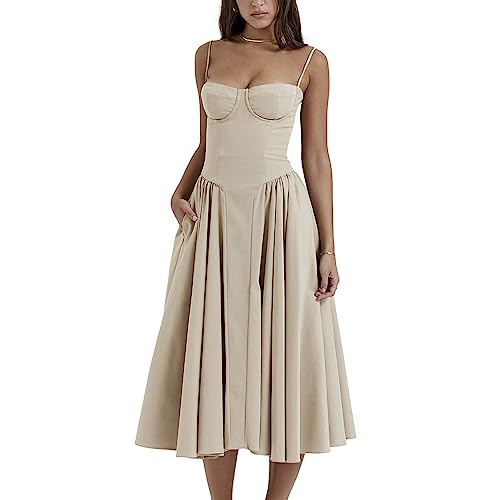 TEMKIN Sexy ärmelloses, rückenfreies Maxikleid for Damen, Spaghettiträger, tief ausgeschnittenes, gerüschtes langes Kleid, fließendes Midikleid mit Taschen (Color : Grey, Size : L.) von TEMKIN