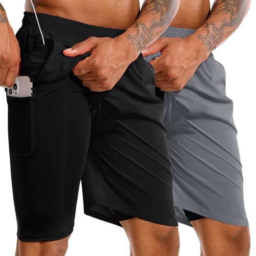 TENJOY Herren 2 in 1 Laufshorts 17,8 cm Schnell trocknende Fitness-Sport-Workout-Shorts mit Handytasche Schwarz + Grau L von TENJOY