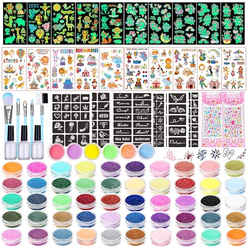 TEUVO 50 Farben Glitzer Tattoo Set Kinder, 132 Temporary Schablonen, 6 Gläser Glow in the Dark Powder & 10 Leuchtaufkleber für DIY Schminke Halloween Karneval Weihnachten Geburtstag TEUVO 50 Farben Glitzer Tattoo Set Kinder, 132 Temporary Schablonen, 6 Gläser Glow in the Dark Powder & 10 Leuchtaufkleber für DIY Schminke Halloween Karneval Weihnachten Geburtstag von TEUVO