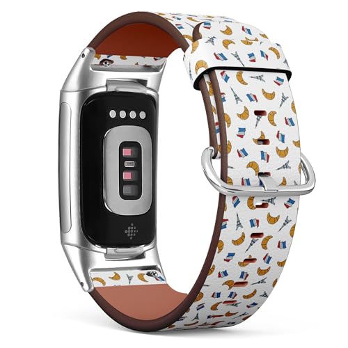 Kompatibel mit Fitbit Charge 5 / Fitbit Charge 6 Ersatz-Lederarmband (Croissants französische Flaggen, Eiffelturm), Smartwatch-Armband für Damen und Herren, Veganes Leder, Kein Edelstein von THAZEE