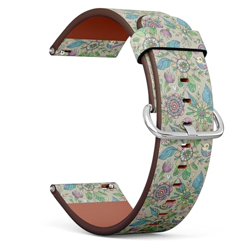 Kompatibel mit Fossil Damen Gen 5E 42 mm/Gen 6 42 mm, Fossil Venture Gen 4 HR/Gen 3 Damen Herren, 18 mm Ersatz-Lederarmband (Vögel Blumen Cartoon) Smartwatch-Armband, Veganes Leder, Kein Edelstein von THAZEE