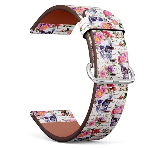 THAZEE 20 mm Schnellverschluss-Ersatzarmband aus Leder (menschliche Totenköpfe und Blumen) Smartwatch-Armband für Damen und Herren, Kunstleder, Kein Edelstein von THAZEE
