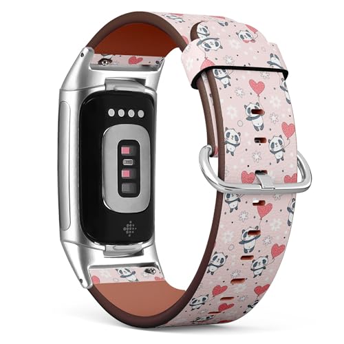 THAZEE Kompatibel mit Fitbit Charge 5 / Fitbit Charge 6 Ersatz-Lederarmband (Cute Pandas Pink) Smartwatch-Armband für Damen und Herren, Veganes Leder, Kein Edelstein von THAZEE