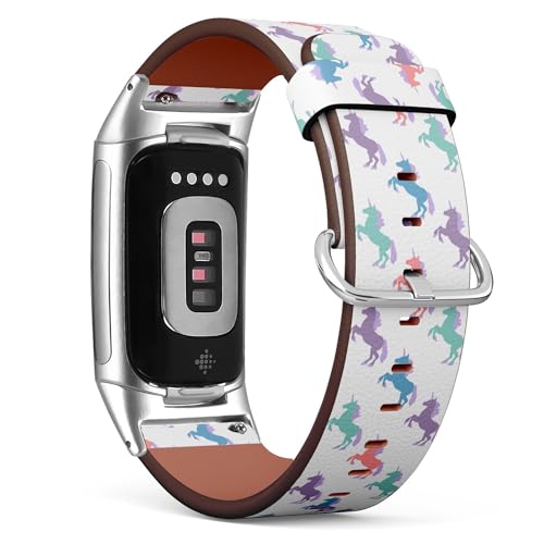 THAZEE Kompatibel mit Fitbit Charge 5 / Fitbit Charge 6 Ersatz-Lederarmband (Einhorn-Silhouette), Smartwatch-Armband für Damen und Herren, Veganes Leder, Kein Edelstein von THAZEE