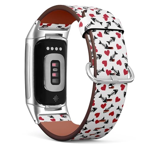 THAZEE Kompatibel mit Fitbit Charge 5 / Fitbit Charge 6 Ersatz-Lederarmband (Fisch-Skelett rotes Herz einfach), Smartwatch-Armband für Damen und Herren, Veganes Leder, Kein Edelstein von THAZEE