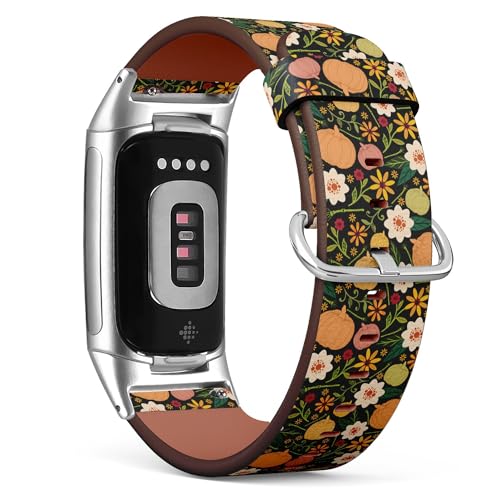 THAZEE Kompatibel mit Fitbit Charge 5 / Fitbit Charge 6 Ersatz-Lederarmband (Halloween, Blumen, Kürbisse, Knochen, Urlaub), Smartwatch-Armband für Damen und Herren, Veganes Leder, Kein Edelstein von THAZEE