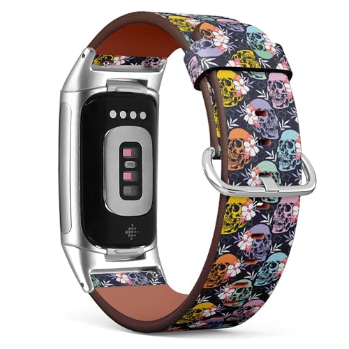 THAZEE Kompatibel mit Fitbit Charge 5 / Fitbit Charge 6 Ersatz-Lederarmband (Halloween, Totenköpfe, Blumen) Smartwatch-Armband für Damen und Herren, Veganes Leder, Kein Edelstein von THAZEE