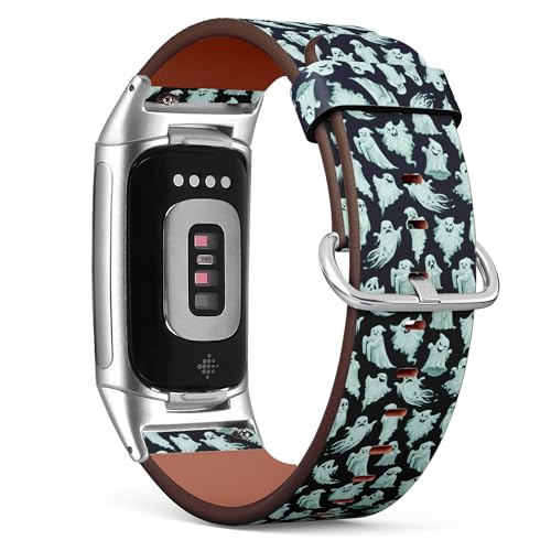 THAZEE Kompatibel mit Fitbit Charge 5 / Fitbit Charge 6 Ersatz-Lederarmband (Halloween Scary Ghost), Smartwatch-Armband für Damen und Herren, Veganes Leder, Kein Edelstein von THAZEE