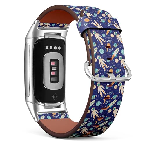 THAZEE Kompatibel mit Fitbit Charge 5 / Fitbit Charge 6 Ersatz-Lederarmband (Spacerocket Man Spaceship) Smartwatch-Armband für Damen und Herren, Veganes Leder, Kein Edelstein von THAZEE