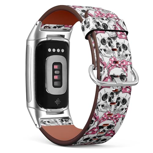 THAZEE Kompatibel mit Fitbit Charge 5 / Fitbit Charge 6 Ersatz-Lederarmband (Totenkopf-Rosa), Smartwatch-Armband für Damen und Herren, Veganes Leder, Kein Edelstein von THAZEE