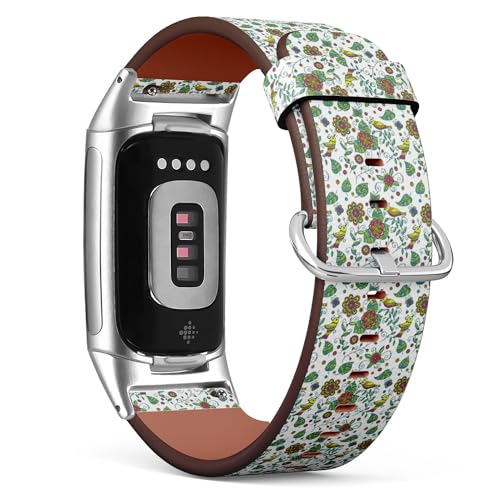 THAZEE Kompatibel mit Fitbit Charge 5 / Fitbit Charge 6 Ersatz-Lederarmband (Vögel Blumen) Smartwatch-Armband für Damen und Herren, Veganes Leder, Kein Edelstein von THAZEE