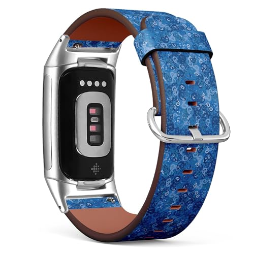 THAZEE Kompatibel mit Fitbit Charge 5 / Fitbit Charge 6 Ersatz-Lederarmband (blaues Wirbel-Ornament), Smartwatch-Armband für Damen und Herren, Veganes Leder, Kein Edelstein von THAZEE