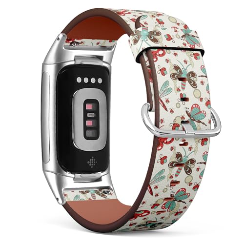 THAZEE Kompatibel mit Fitbit Charge 5 / Fitbit Charge 6 Ersatz-Lederarmband (niedliche Schmetterlinge und Libellen), Smartwatch-Armband für Damen und Herren, Veganes Leder, Kein Edelstein von THAZEE