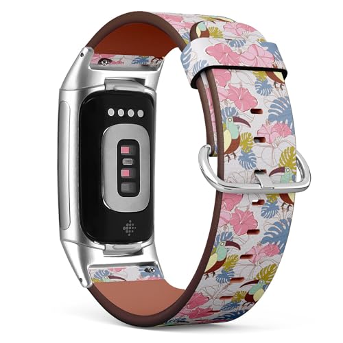 THAZEE Kompatibel mit Fitbit Charge 5 / Fitbit Charge 6 Ersatz-Lederarmband (tropisches Blumenmuster, Rose, Lilie, Gänseblümchen, Sonnenblume), Smartwatch-Armband für Damen und Herren, Veganes Leder, von THAZEE